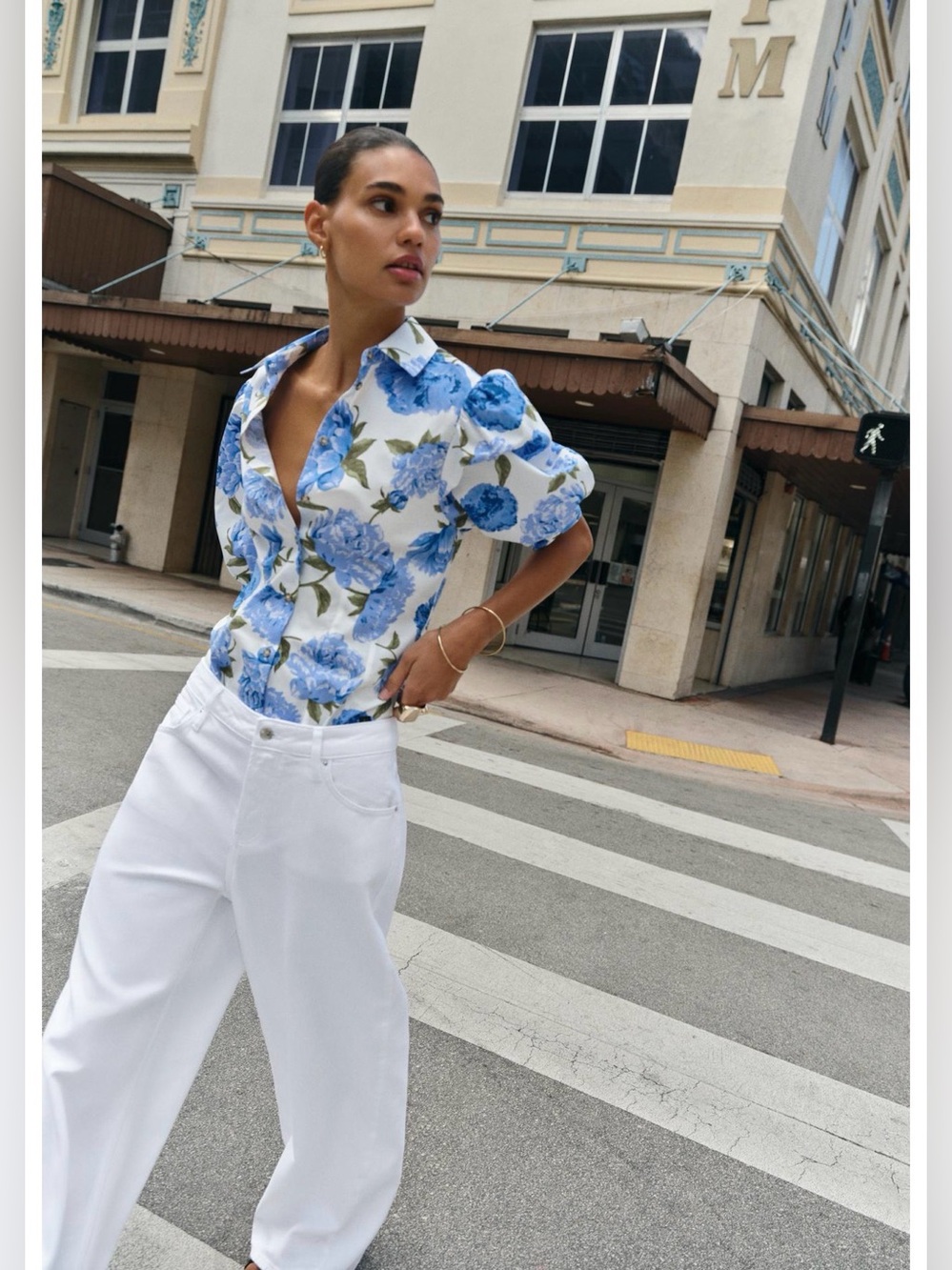 Zara White Button-Down Shirt with Blue Floral Print